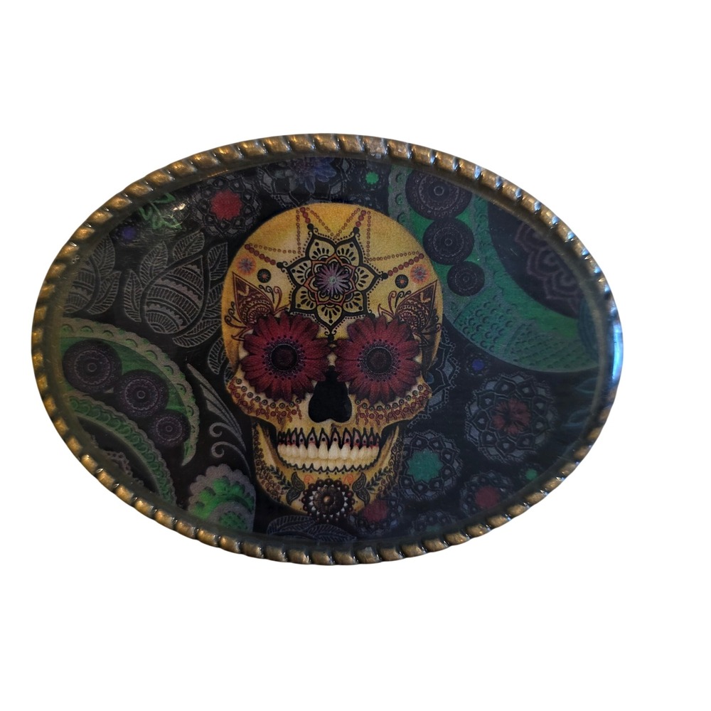Sugar Skull Belt Buckle Day of the Dead Floral Paisley Brass Tone Oval